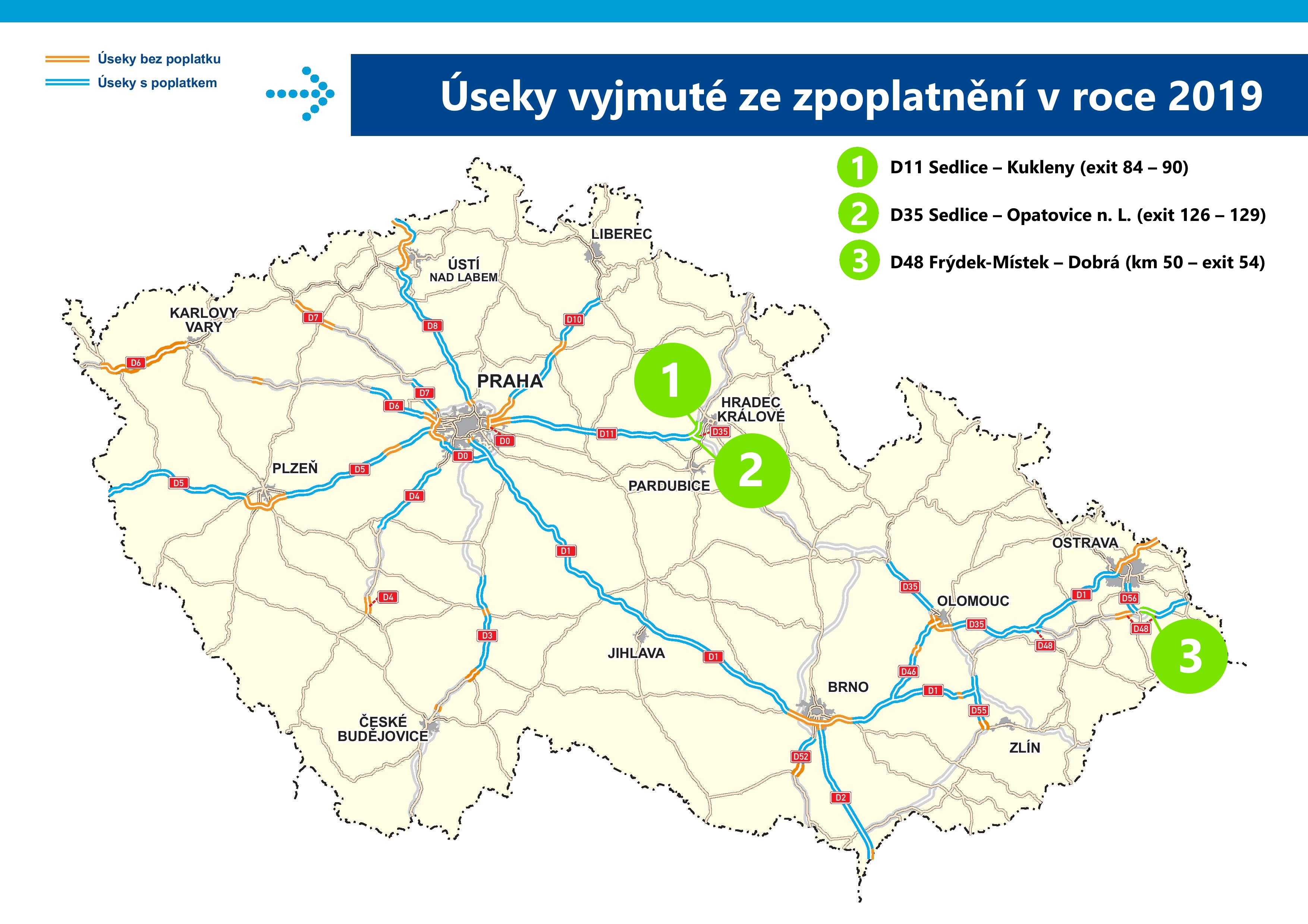 The D11 and D35 motorways by Hradec Králové and D48 by Frýdek-Místek will be free of charge